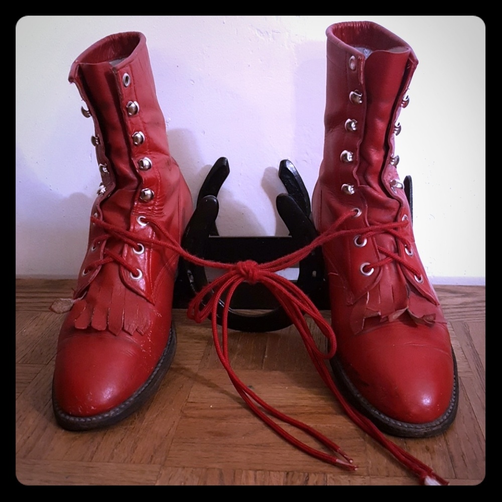 Red Handmade Lace Up Boots